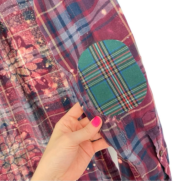 Handmade Boho Flannel Shirt Floral Stencil Bleached Plaid Womens Large XL Red - Picture 14 of 14